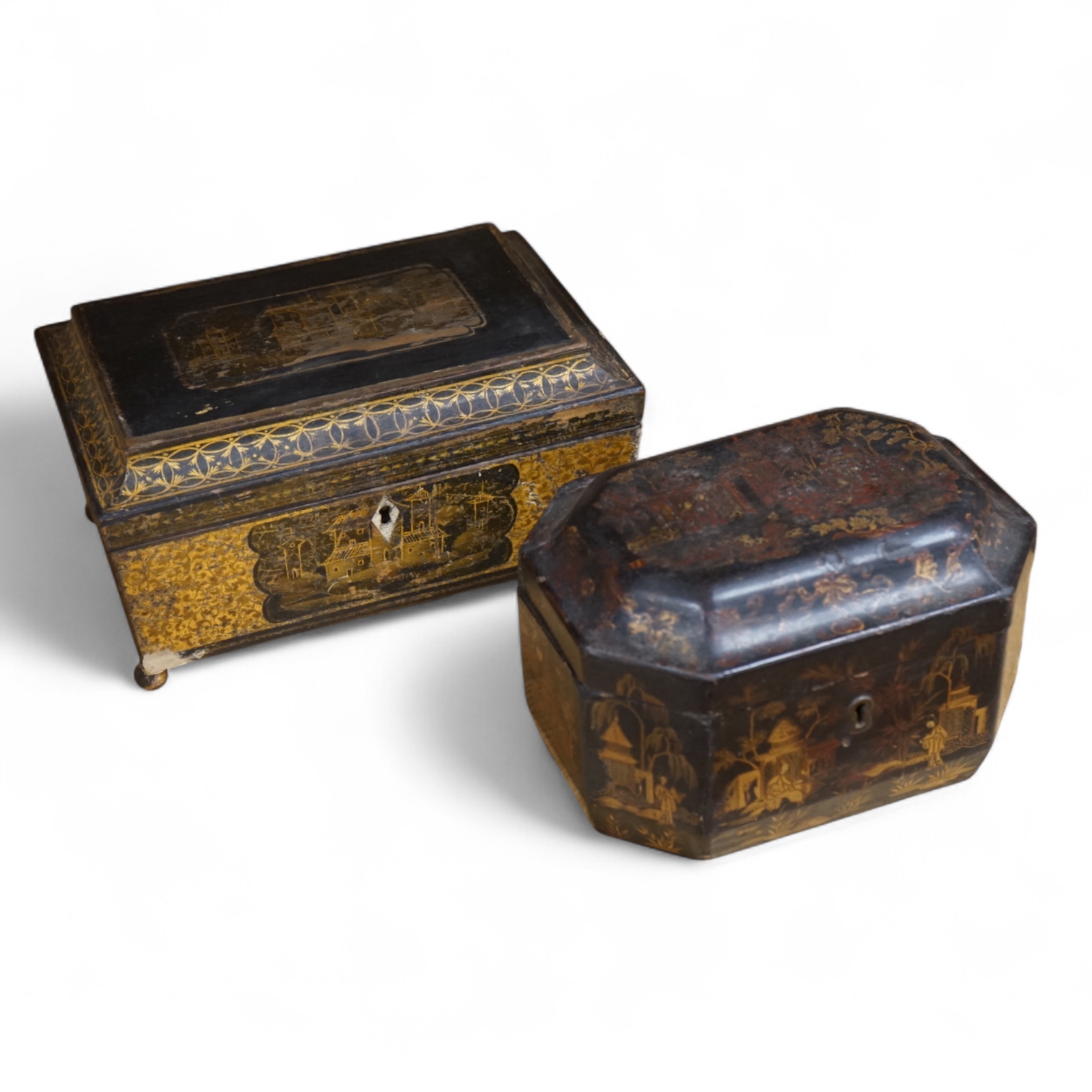 A Chinese lacquer tea caddy and a japanned sewing box (2)
